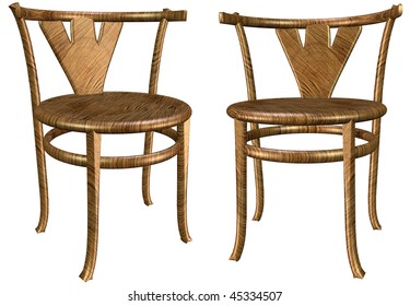 3d two antique wooden chairs isolated on white background