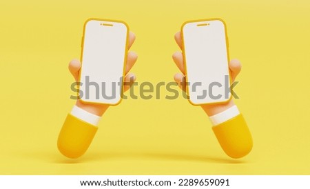 3D Two Hands holding mobile phone with blank screen for promotion. Smartphone with empty copy space. Cartoon hands, Marketing time banner template isolated on yellow background