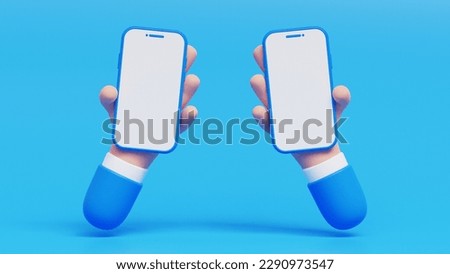 3D Two Hands holding mobile phone with blank screen for promotion. Smartphone with empty copy space. Cartoon hands, Marketing time banner template isolated on blue background