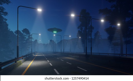 3d Ufo at night above the highway with lanterns