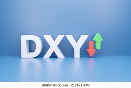 3D US Dollar Index (DXY) And Arrow Isolated On Blue Background. Updated Spot Exchange Rate Of DOLLAR INDEX SPOT.  Investment And Strategy, 3D Font Character.