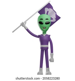 3D Valiant Alien Cartoon Character Lift A Flag