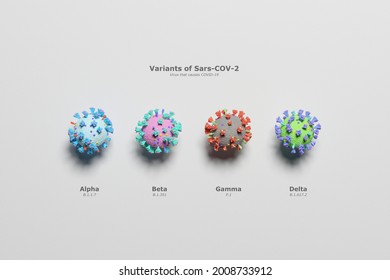 3d Variants of Covid-19 Virus (Sars-COV-2). Alpha, Beta, Gamma, Delta in white background.