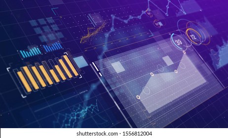 3D vector graphics, graphs and charts across a screen showing data visualizations and information. 