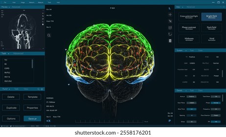 3D VFX Animation of a Brain Scan in Medical Software, Visualization of Neural Activity, Data. Medical Research for Brain Mapping and Enhancing and Neuroscience Tech Software - Powered by Shutterstock