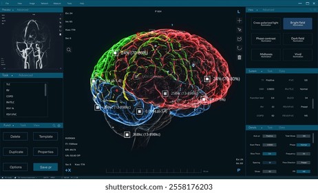 3D VFX Animation of a Brain Scan in Medical Software, Visualization of Neural Activity, Data. Medical Research for Brain Mapping and Enhancing and Neuroscience Technological Software. - Powered by Shutterstock