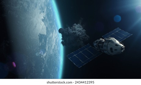 3D VFX rendering of satellite attacking another satellite with laser weapon in space on Earth planet orbit. Escalation of political conflict and arms race in cosmos. Nuclear war and. 3D Illustration