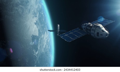 3D VFX rendering of satellite attacking another satellite with laser weapon in space on Earth planet orbit. Escalation of political conflict and arms race in cosmos. Nuclear war and. 3D Illustration