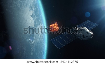 3D VFX rendering of satellite attacking another satellite with laser weapon in space on Earth planet orbit. Escalation of political conflict and arms race in cosmos. Nuclear war and. 3D Illustration