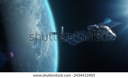3D VFX rendering of satellite attacking another satellite with laser weapon in space on Earth planet orbit. Escalation of political conflict and arms race in cosmos. Nuclear war and. 3D Illustration