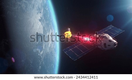 3D VFX rendering of satellite attacking another satellite with laser weapon in space on Earth planet orbit. Escalation of political conflict and arms race in cosmos. Nuclear war and. 3D Illustration
