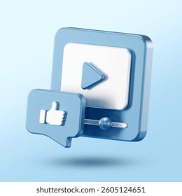 3D video player icon with play button and progress bar, accompanied by a thumbs-up speech bubble. Represents video content, social media likes, and viewer engagement.