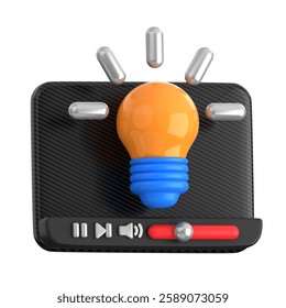 3D video player interface with a glowing lightbulb, symbolizing tips, tricks, tutorials, and educational content in digital media and online learning