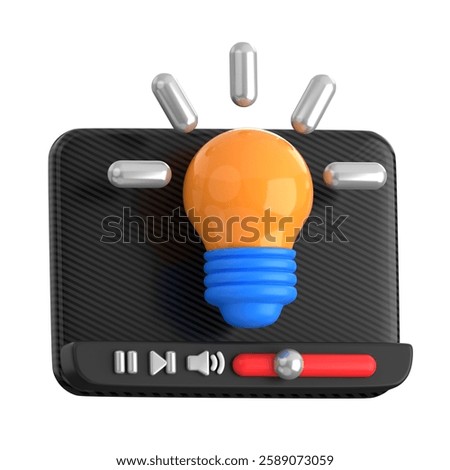 3D video player interface with a glowing lightbulb, symbolizing tips, tricks, tutorials, and educational content in digital media and online learning