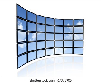 3D Video Wall Of Flat Tv Screens With Sky Background, Isolated On White