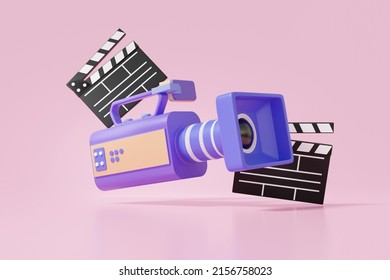3D vintage movie camera   movie clapper board floating pink background  studio professional cinema concept  entertainment  3d render illustration