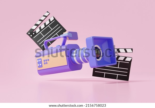 3D vintage movie camera and movie
clapper board floating on pink background. studio professional
cinema concept. entertainment. 3d render
illustration