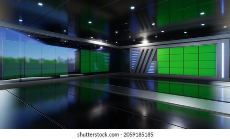 3D Virtual TV Studio News With Green Screen, 3D Rendering