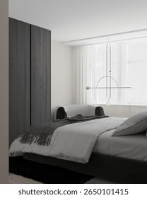 3d visualisations of the minimalistic monochrome colours stylish bedroom with wall paneling, artistic designer furniture. Sleek, modern elegance meets sculptural style in this sophisticated 3D renders