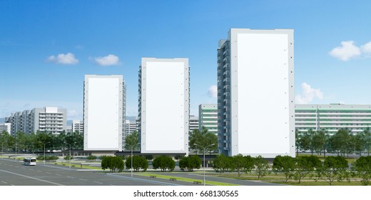 3d Visualization Of 3 Empty Billboards On Buildings