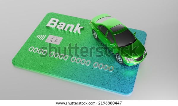 3d visualization of a bank card and a car. the car\
is on a credit card