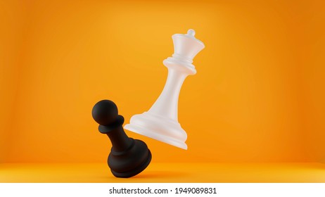 3d Visualization Black And White Chess Piece Queen Cut Down A Pawn On A Yellow Background