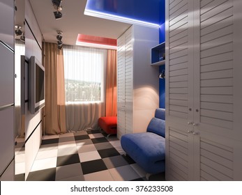 3D visualization of a child's room with the functional zoning. Room in red and blue color