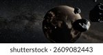 A 3D visualization of Earth during the late heavy bombardment, with asteroids and comets impacting the surface. Fiery explosions and craters depict the chaotic early Archean period. 3D Illustration