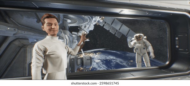 A 3D visualization of a futuristic space station in near-Earth orbit, showcasing artificial gravity and comfortable interiors. An astronaut outside performs a spacewalk, emphasizing. 3D Illustration