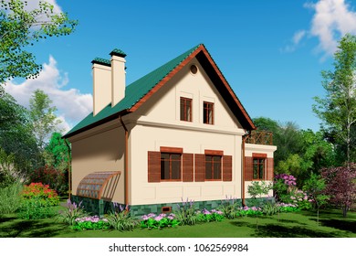 3D visualization. House with a green roof