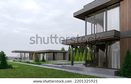3D visualization of a lake house. Modern architecture. House with pool