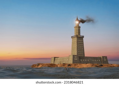 3D visualization of Lighthouse of Alexandria on Pharos island - one of the Seven Wonders of the Ancient World (3d rendering)