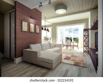 3D Visualization of a living room with a brick wall