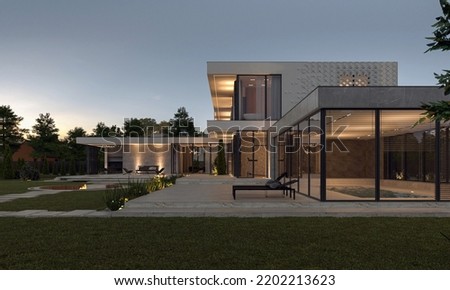 Similar – Image, Stock Photo Villa in modern architecture, glass and concrete, functional behind the lattice of a construction fence, in front of it wasteland