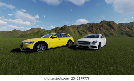 3D visualization of a modern car standing on a green lawn. Hills in the background. Sunny weather