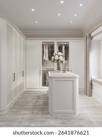 3D visualization of a modern classical luxurious dressing room with elegant finishes, soft lighting, ornate details, and sophisticated storage. A refined space combining timeless style with modern com