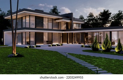 3D visualization of a modern house. Evening, illumination. Architecture, building. flat roof house