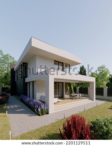 3D visualization of a modern house with a flat roof. House with a terrace and panoramic windows