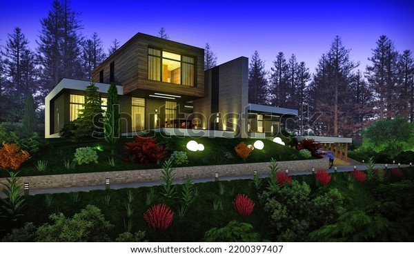 3d visualization of a modern house.\
Villa in the forest. Flat roof. Car under a\
canopy