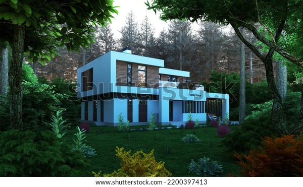 3d visualization of a modern house.\
Villa in the forest. Flat roof. Car under a\
canopy