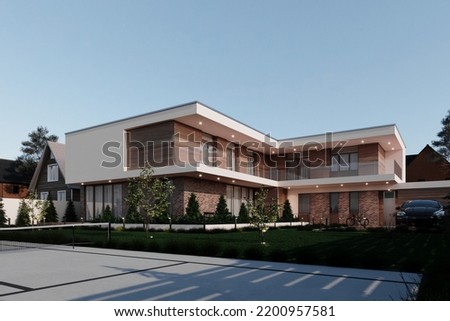 3d visualization of a modern villa. The facade is brick and wood. Modern architecture