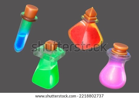 3d visualization of a set of magic bottles. four bright bottles of liquid