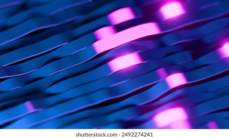 The 3D visualization showcases wavelike structures and neon lights, evoking a modern and futuristic aesthetic. 3D Illustration