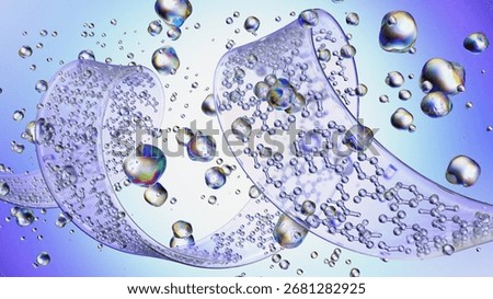 3D visualization of transparent ribbon helix filled with molecular structures, surrounded by floating drops and particles, futuristic biotechnology and science concept. 3D Illustration
