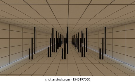 3D visualization.Abstract background, walls covered with blocks.  Vertical neon rods. 3D illustration.