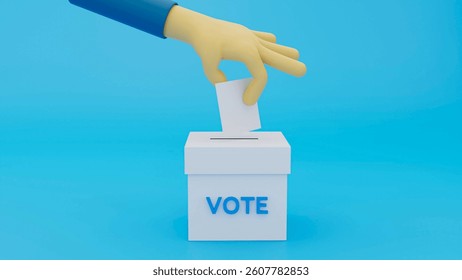 3D Voting Illustration – Hand Casting Ballot into Vote Box Representing Democracy, Elections, and Civic Responsibility in a Modern Society