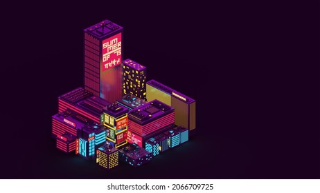 3d voxel isometric night cityscape background. Pixel art cyberpunk style city illustration. neon lights and dark theme city. voxel structure. There is no real language other than English in the image
