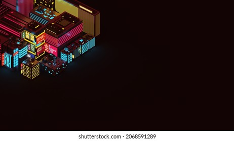 3d voxel night cityscape background. Pixel art cyberpunk style city illustration. neon lights and dark theme city. 
