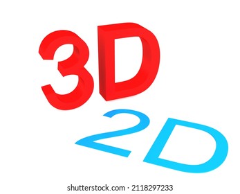 3D Vs 2D Concept, 3D Rendering, White Background.