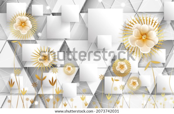 3d wall art illustration gray white wallpaper. golden dandelion flowers and squares shapes . for canvas mural art background	
